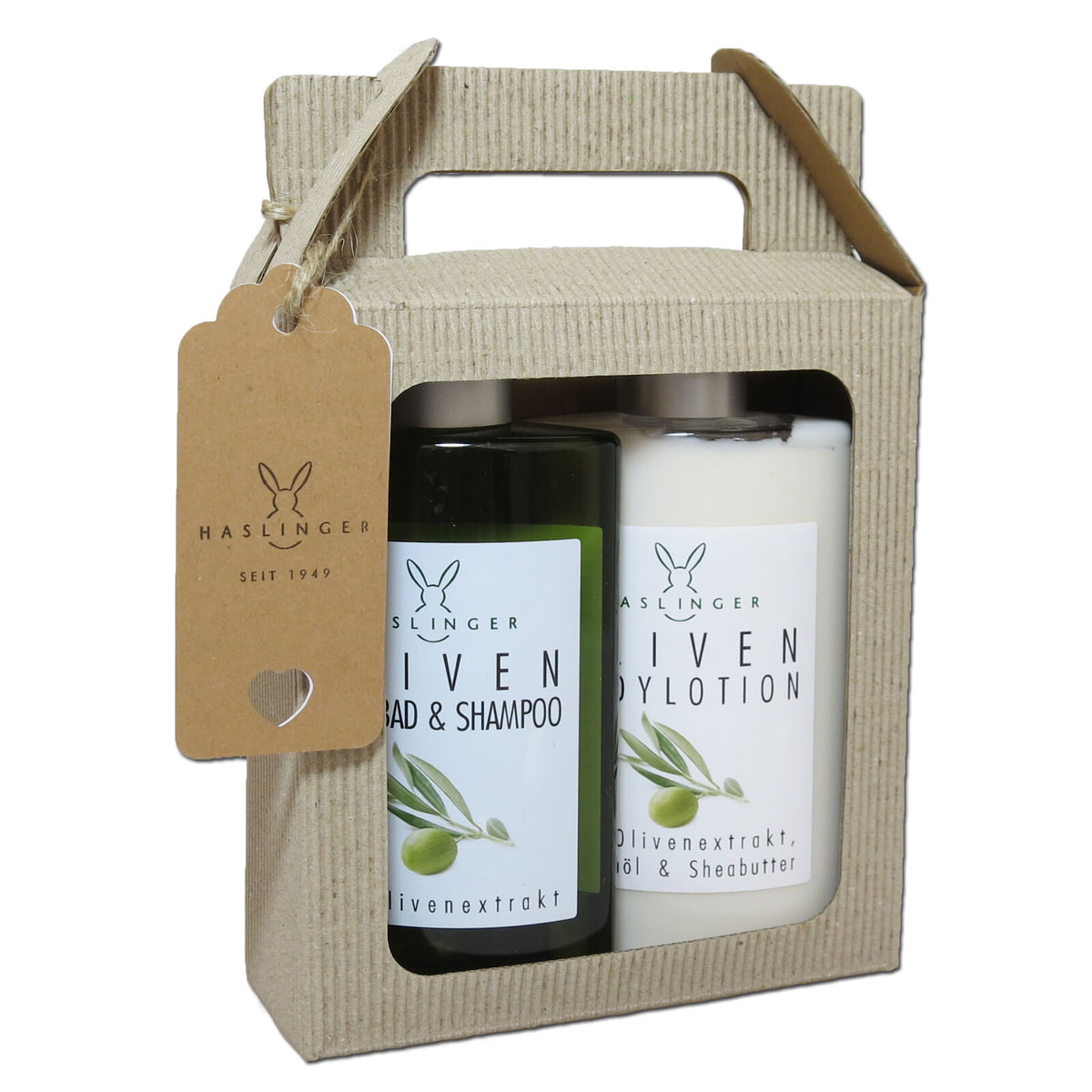 Geschenk Duschbad + Bodylotion Olive im Tragekarton